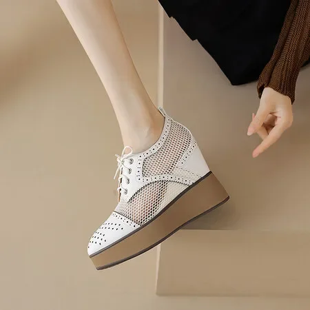 2024 Women Summer Shoes Chunky Sneakers Air Mesh Hollow Out Genuine Leather White Wedge Shoes Platform Heel Pumps Mujer Bombas