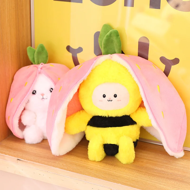 Creative Funny Doll Carrot Rabbit Plush Toy Stuffed Soft Bunny Hiding in Strawberry Bag Toys Kids Girls Birthday Christmas Gift