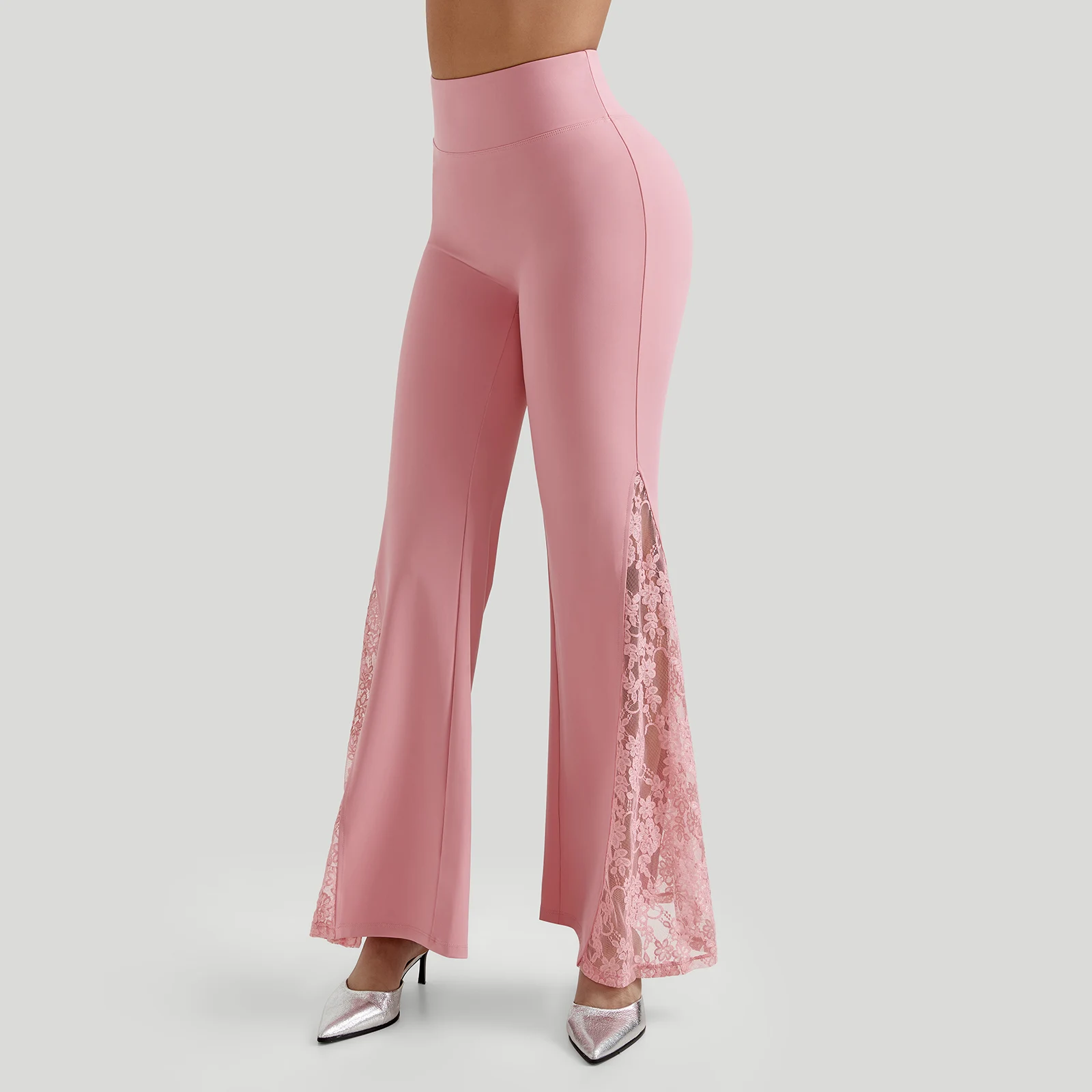 Women Punk Sexy See Through Lace Patchwork Flare Pants Streetwear High Waist Wid Leg Vintage Trousers Y2k Pants Female