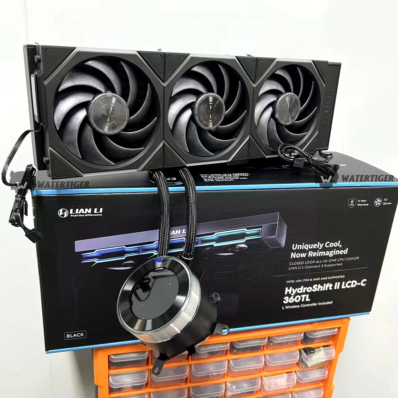 LianLi HydroShift II LCD-C 360TLL AIO CPU Cooling , Including a wireless controller and three TL120 fans.