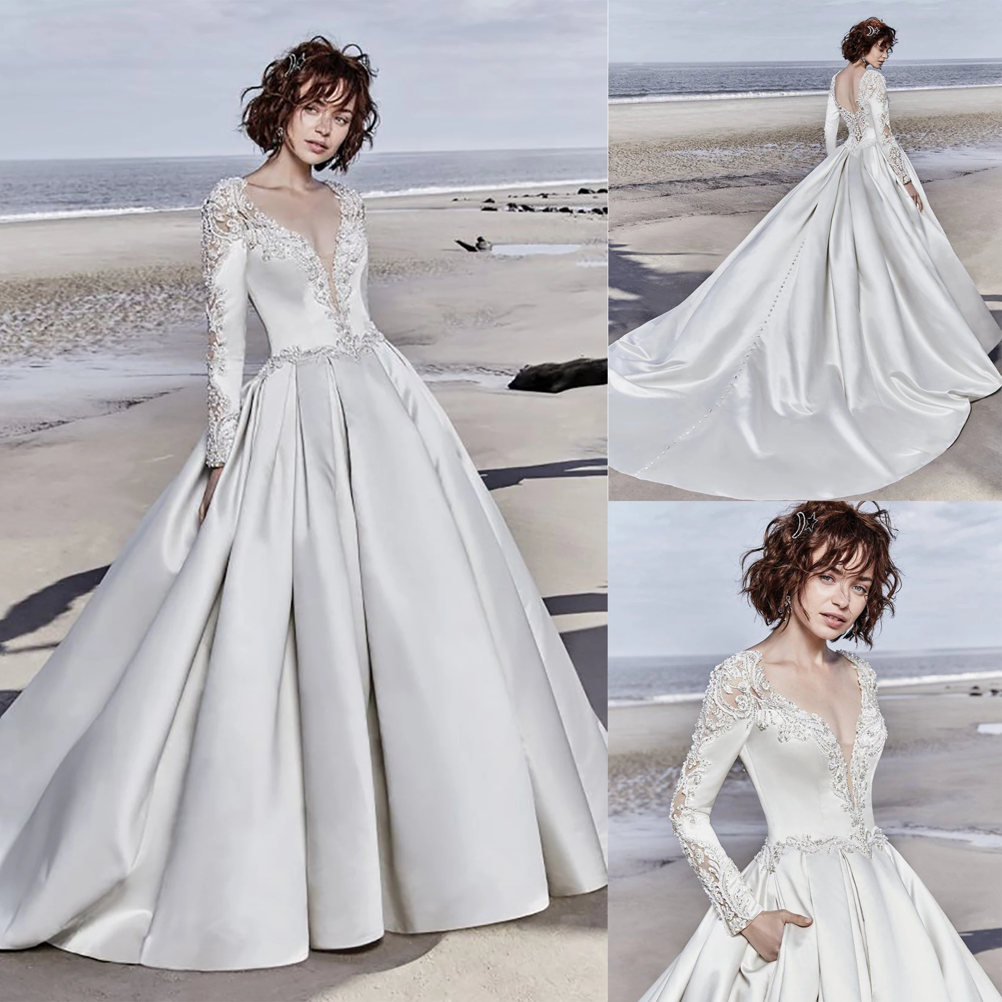 Suknie ślubne księżniczki w kształcie litery A, dekolt w serek, aplikacje, koronkowe suknie ślubne szyte na miarę, długie rękawy, tren zamiatający, suknia ślubna