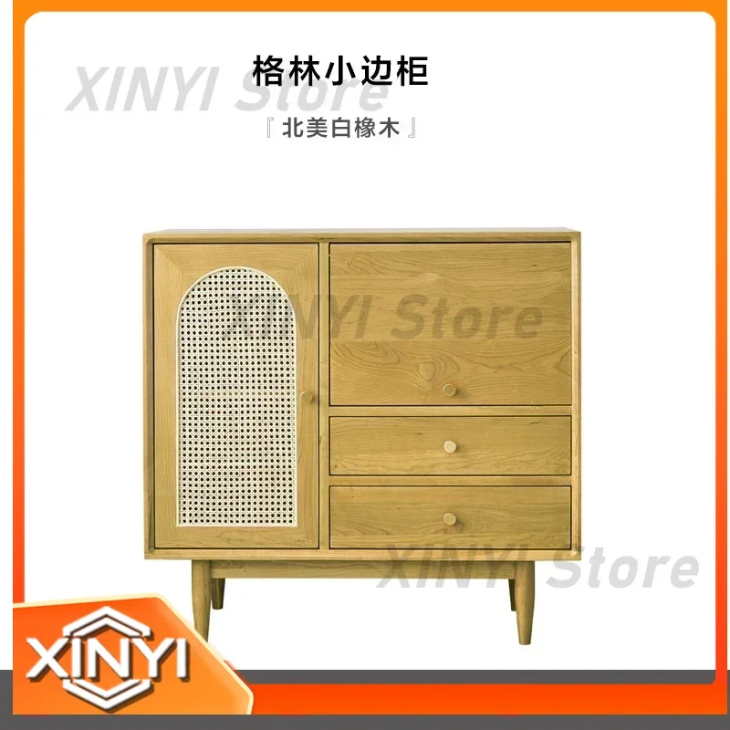For Nordic Solid Wood Dining Side Cabinet for Small Apartment Home Kitchen Cupboard Cherrywood Japanese Simple Rattan Tea