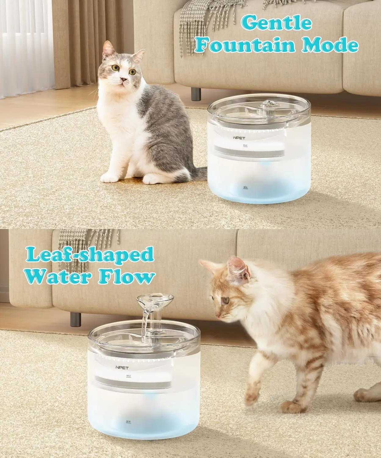 NPET WF100 Cat Water Fountain, 54oz/1.6L Automatic Pet Fountain Cat Water Dispenser with 2 Flow Modes, Light Quiet Pump for Cats