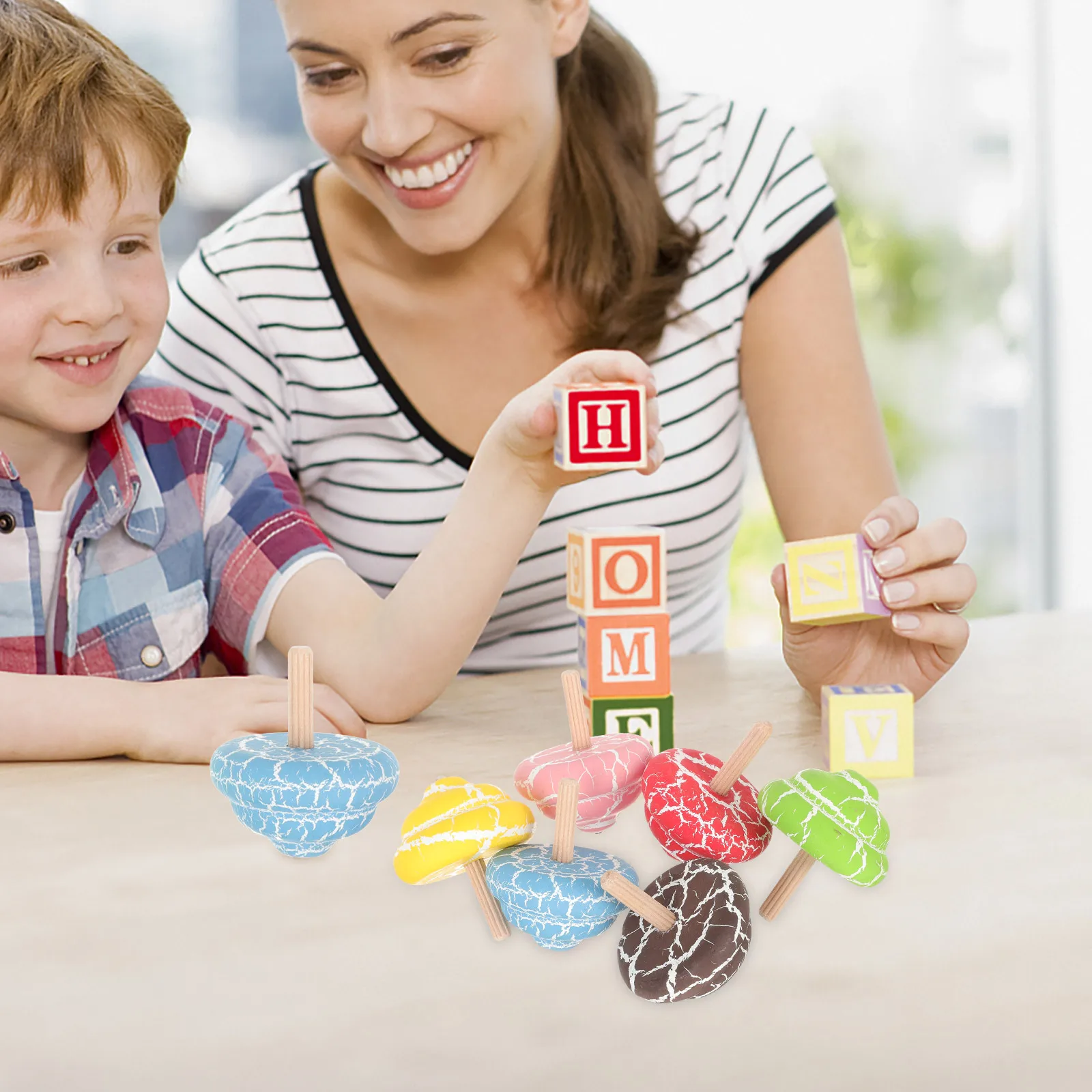 

6pcs Wood Gyro Rotating Wooden Tops For Kids Children'S Spinning Game Educational Puzzle Parent-Child Interaction Playwooden