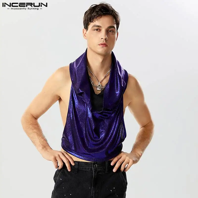 INCERUN Men Tank Tops Sparkling Hooded V Neck Sleeveless Irregular Vests Streetwear 2023 Solid Party Fashion Men Crop Tops S-5XL