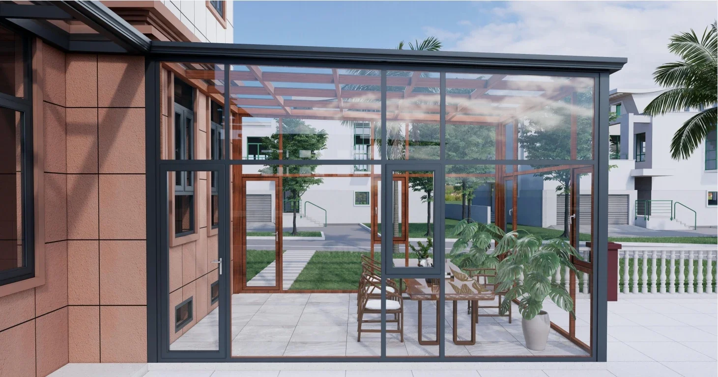 

Modern Four Seasons Free Standing Sunroom Sliding Aluminum Winter Garden Wood Frame Tempered Glass Waterproof Outdoor Hotel Use