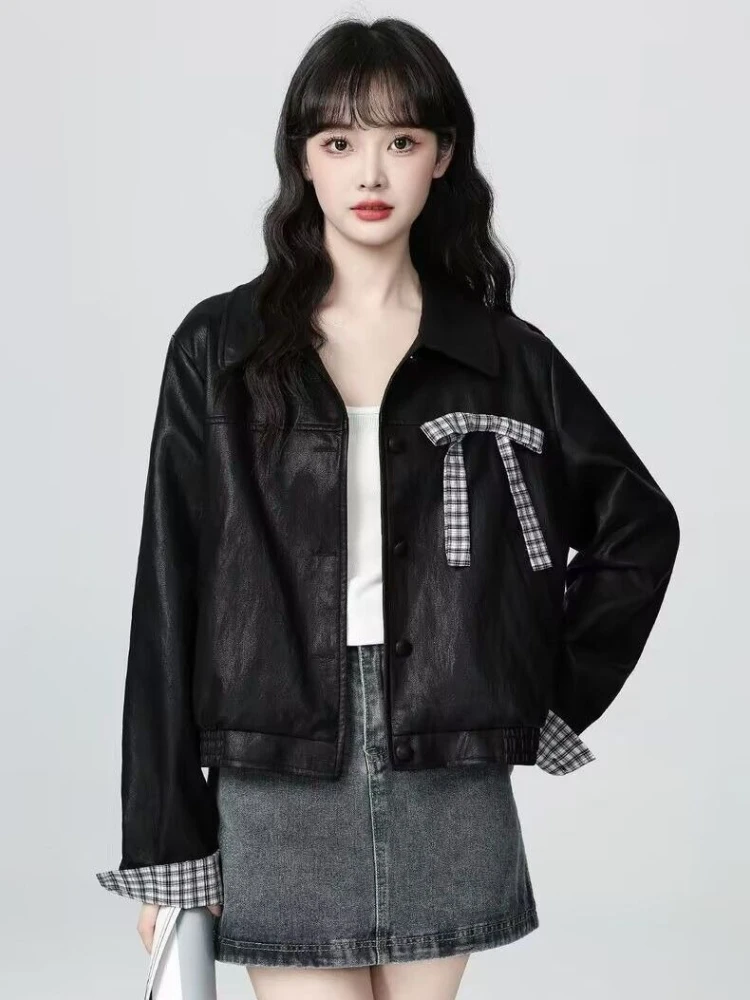 

Винтажная черная женская кожаная куртка из искусственной кожи, весна-осень 2022, Новое поступление, короткая байкерская куртка с воротником-бабочкой и дизайном с клапаном