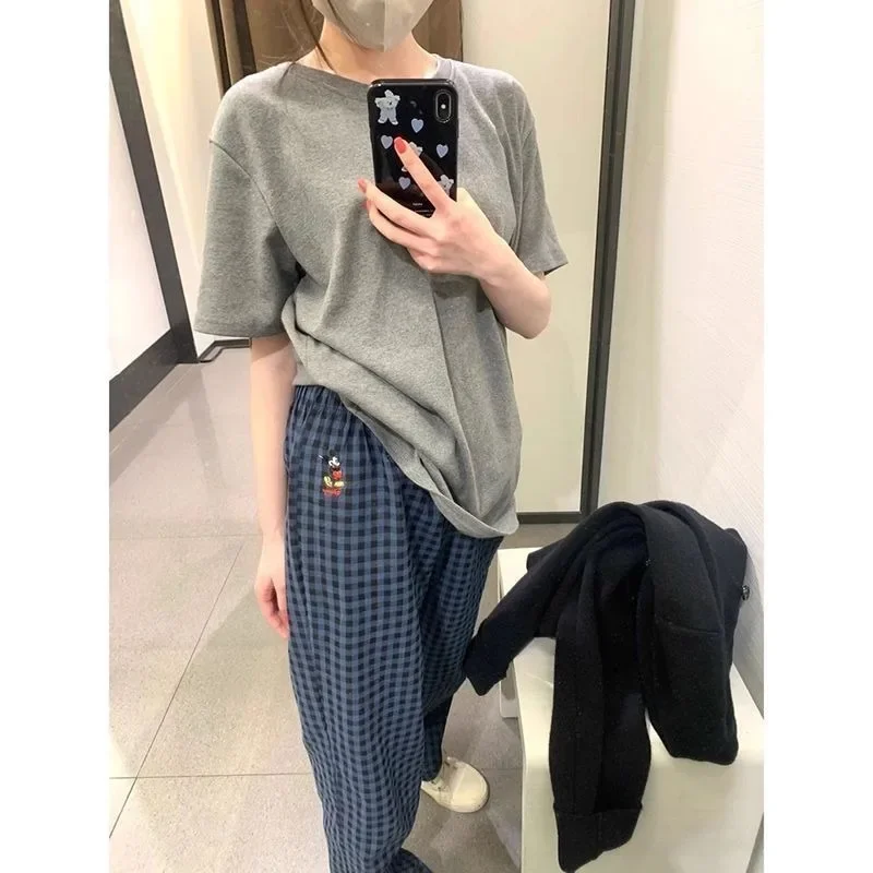 Cartoon Mickey Summer Design Casual Women\'s Loose Texture Comfortable Personality Straight Pants High Street Niche Plaid Pants