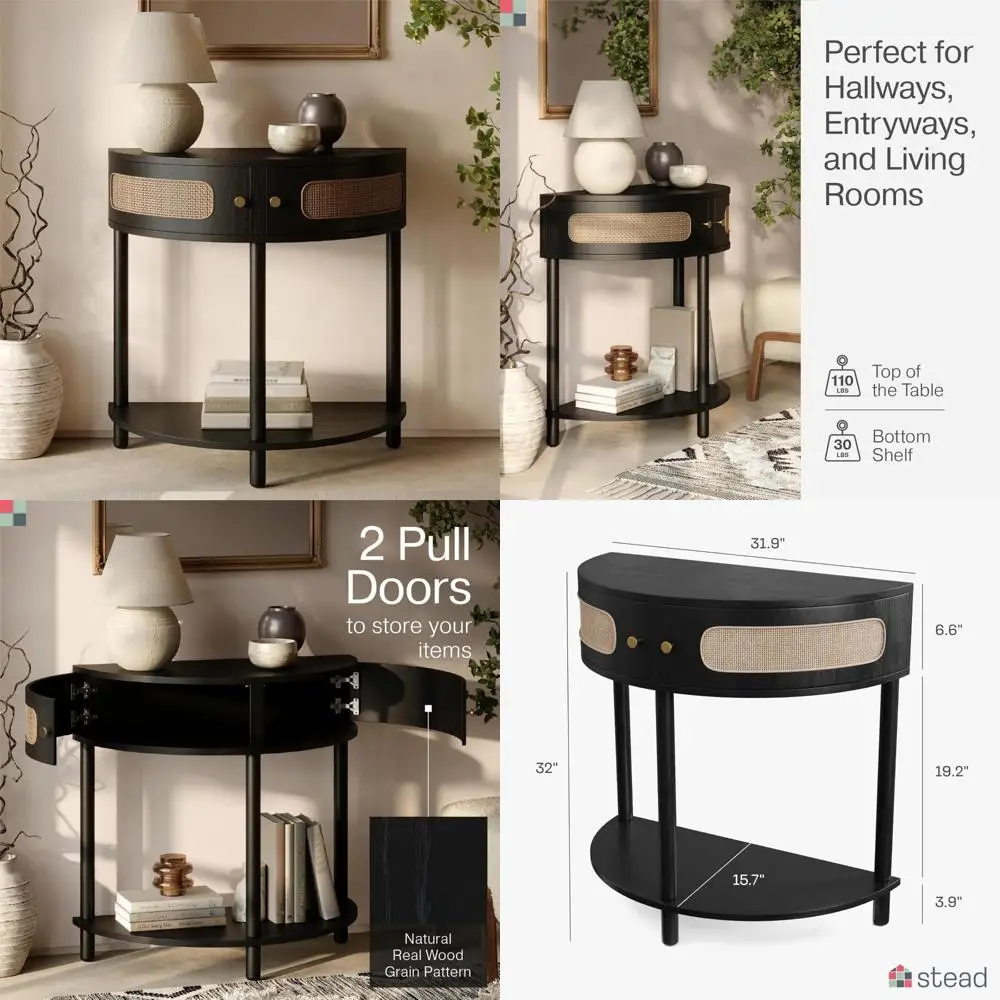 

Rattan Half-Moon Console Table: Black Oak and Natural Cane with Brass Knobs and Storage