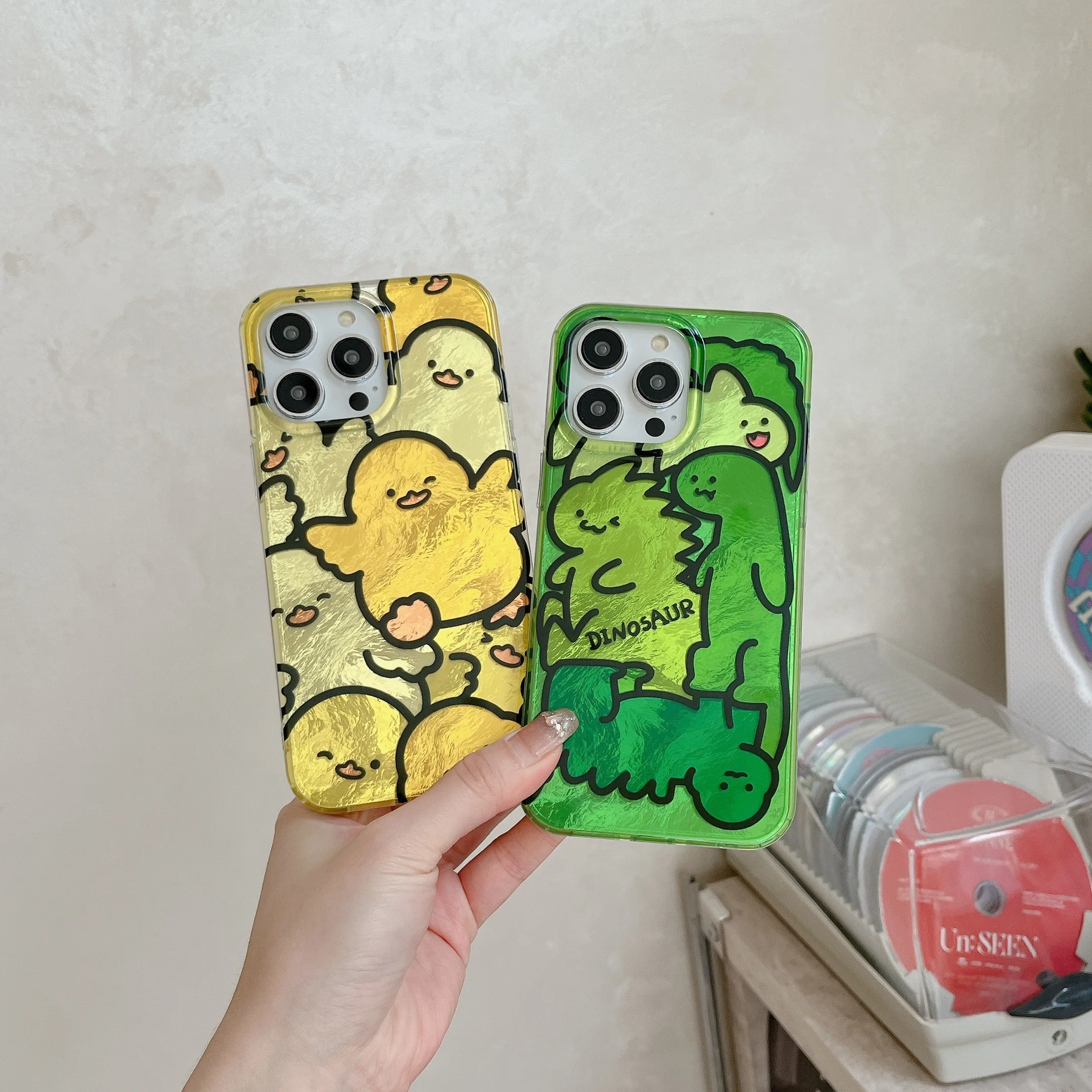 Tin foil pattern full screen little duck little dinosaur phone case for IPhone 15 15pro 15promax 14 14pro 14promax 13 13pro 12