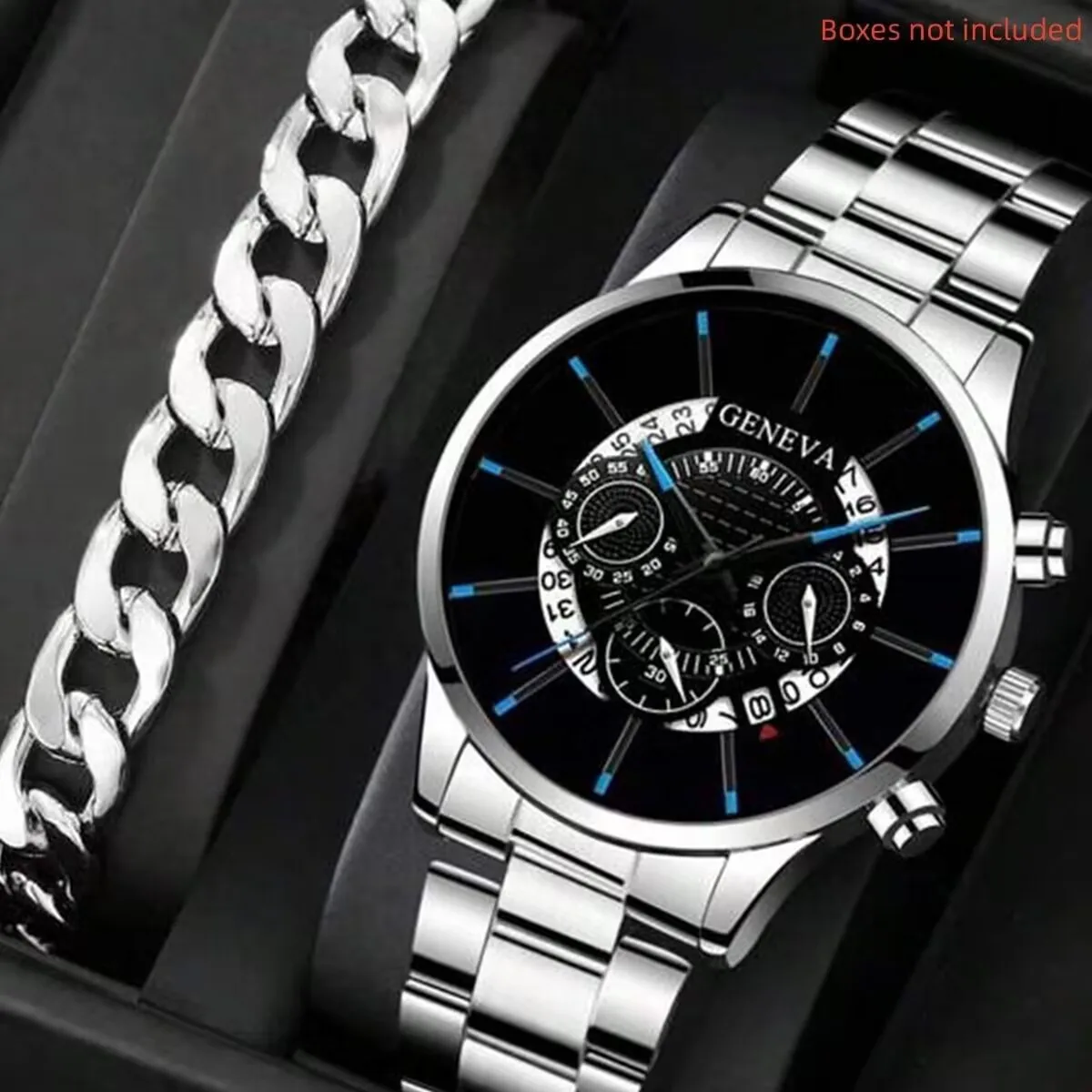 2pcs Luxury Men Business Watch Stainless Steel Calendar Big Dial Watches for Men Fashion Sports Casual Quartz Wristwatch Clock