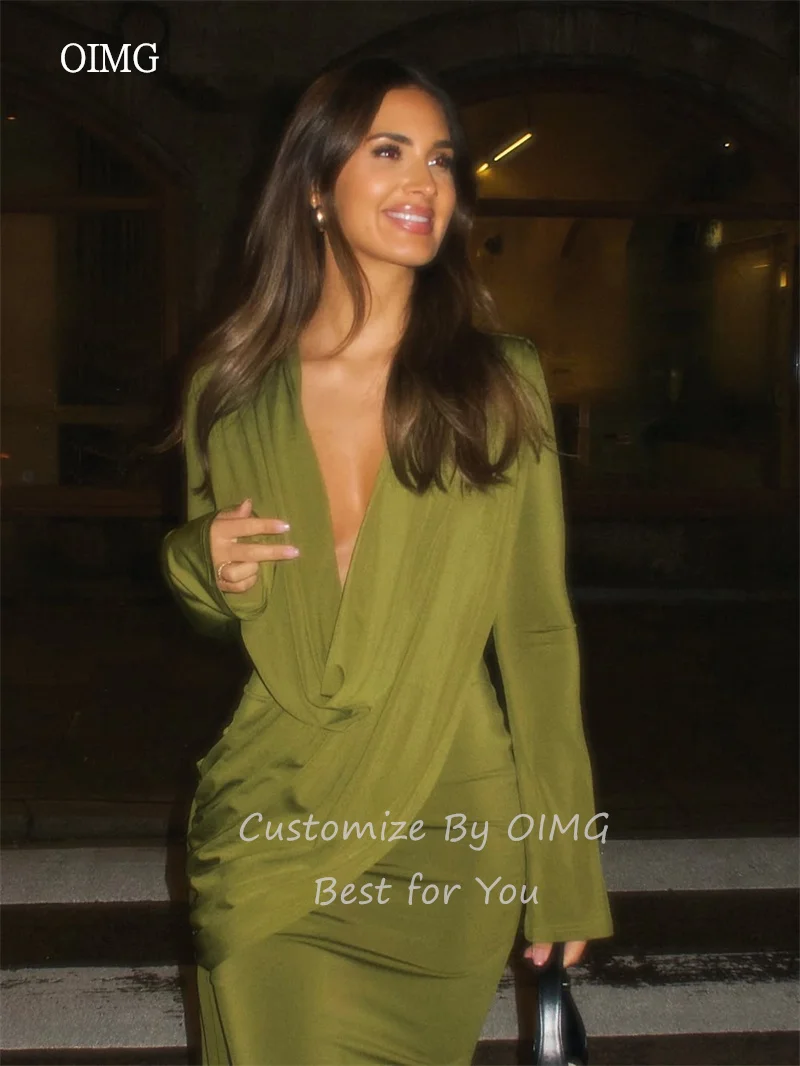 OIMG Sexy Deep V Neck Mustard Green Mermaid Prom Gowns Maxi Pleated Party Gown Long Sleeve Floor Length Evening Dress Customized