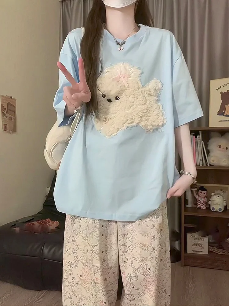 

Футболка Sweet Cute Plu Doggies из чистого хлопка ort Sve, женская летняя новая дизайнерская свободная футболка для колледжа, дышащая, впитывающая пот