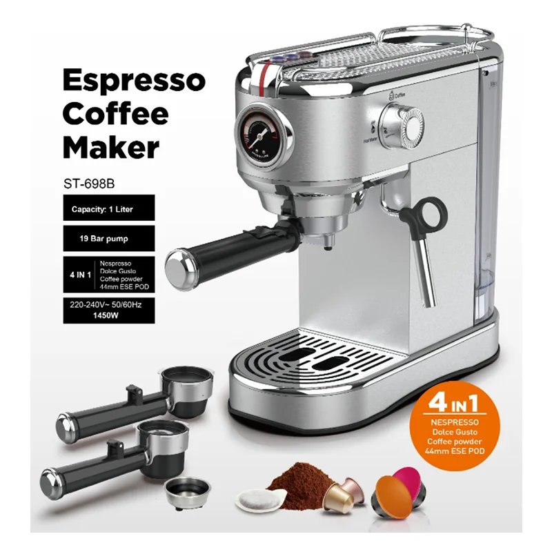 3in1 Espresso Coffee Maker Machine Retro Stainless Steel Piezometer 19 Bar Extraction Milk Frother Steam Home Kitchen Appliance