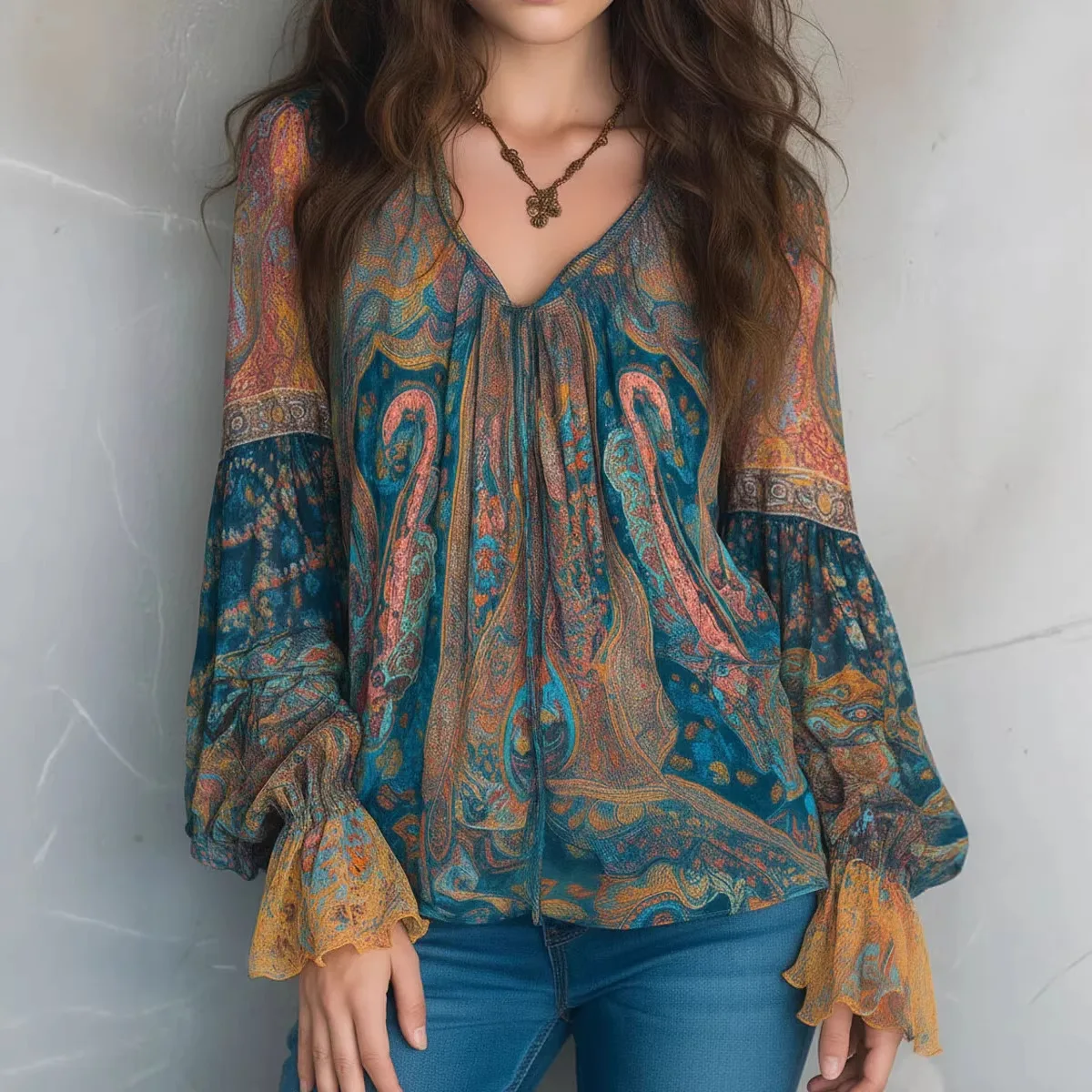 Blus Wanita Motif Paisley Biru Harian, Atasan Vintage Seksi V-Neck Lengan Panjang Model Flare, Gaya Liburan 2026, Blus Bohemian Terbaru