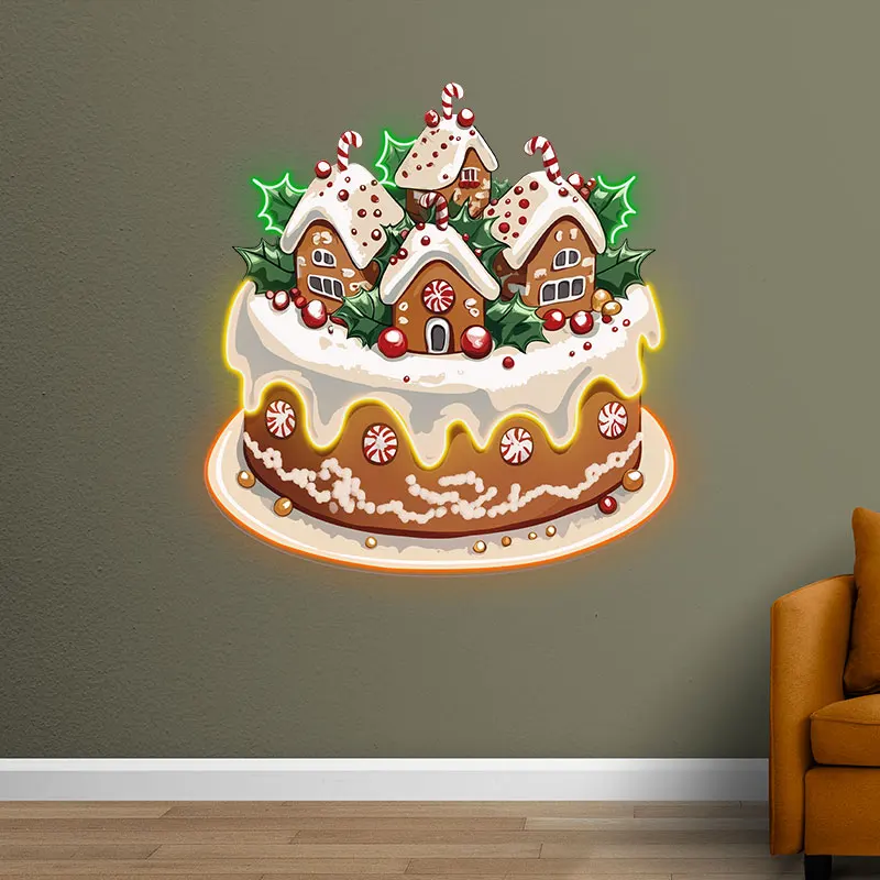 Christmas Little Houses Cake Neon Sign, Creative Wall Hanging Neon Light, Whimsical Christmas Decor Light Full Of Ritual