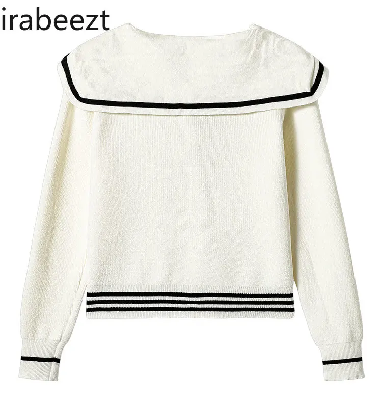 Navy Collar Rose Tie Sweater Women's Autumn and Winter New Bottoming Shirt College Style Slim Womans Long Sleeve Tops