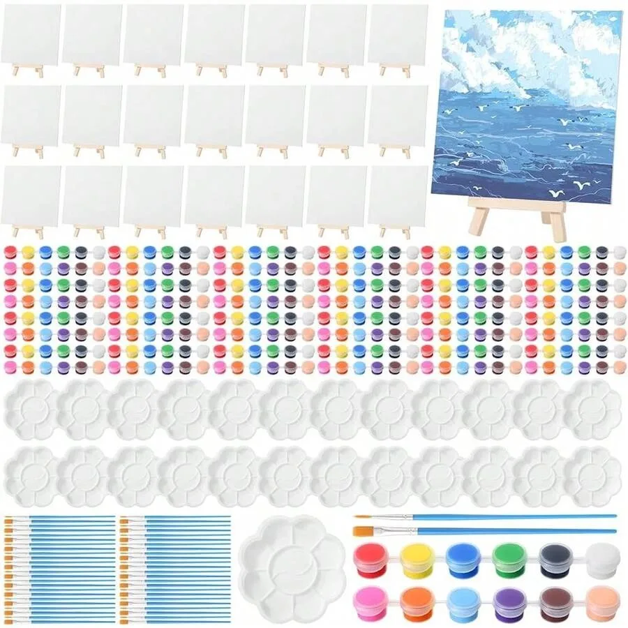 24 Set 6 X 6 Inch Canvas Boards And Easel For Painting, Acrylic Paint Strips, Palettes, Brushes, Canvases Painting Kits For Adu