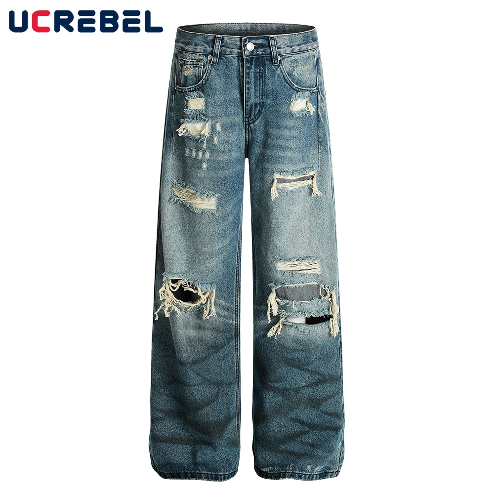 Retro Washed Distressed Ripped กางเกงยีนส์ Mens High Street หลวมตรงขากว้างขา Baggy Denim กางเกงผู้ชาย