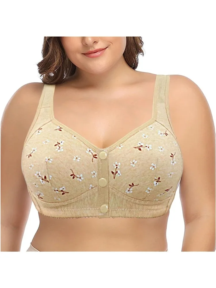 Convenient Front Button Daisy Bra Elderly Comfy Active Cotton Wire Free Floral Closure Underwear Everyday Lingerie Plus Size