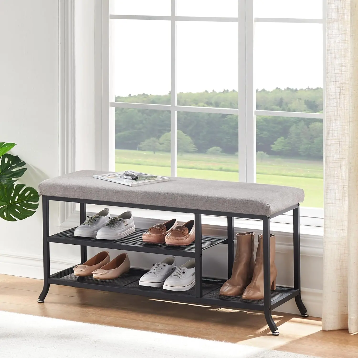 

2024 New Shoe Bench, 2-Tier Shoe Storage Bench for Entryway, Storage Organizer with Cushion, Metal Frame, Adjustable Shelf