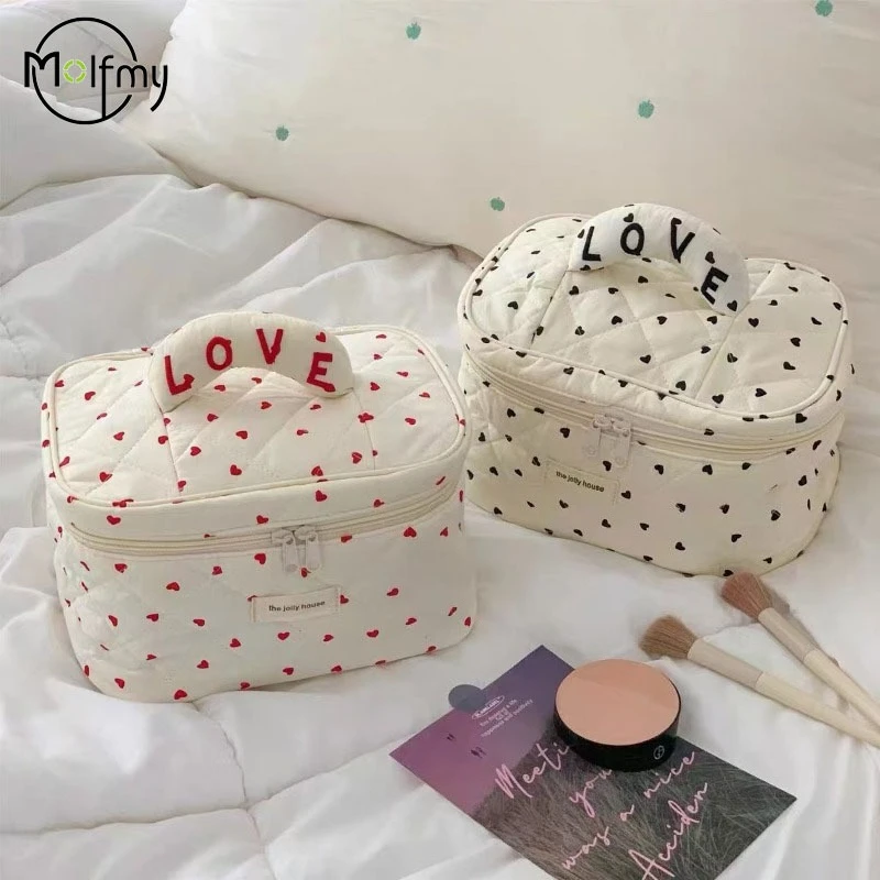 

Cute Quilting Cotton Makeup Bag Women Zipper Cosmetic Organizer Female Cloth Handbag Box Shape Portable Toiletry Case for Girls