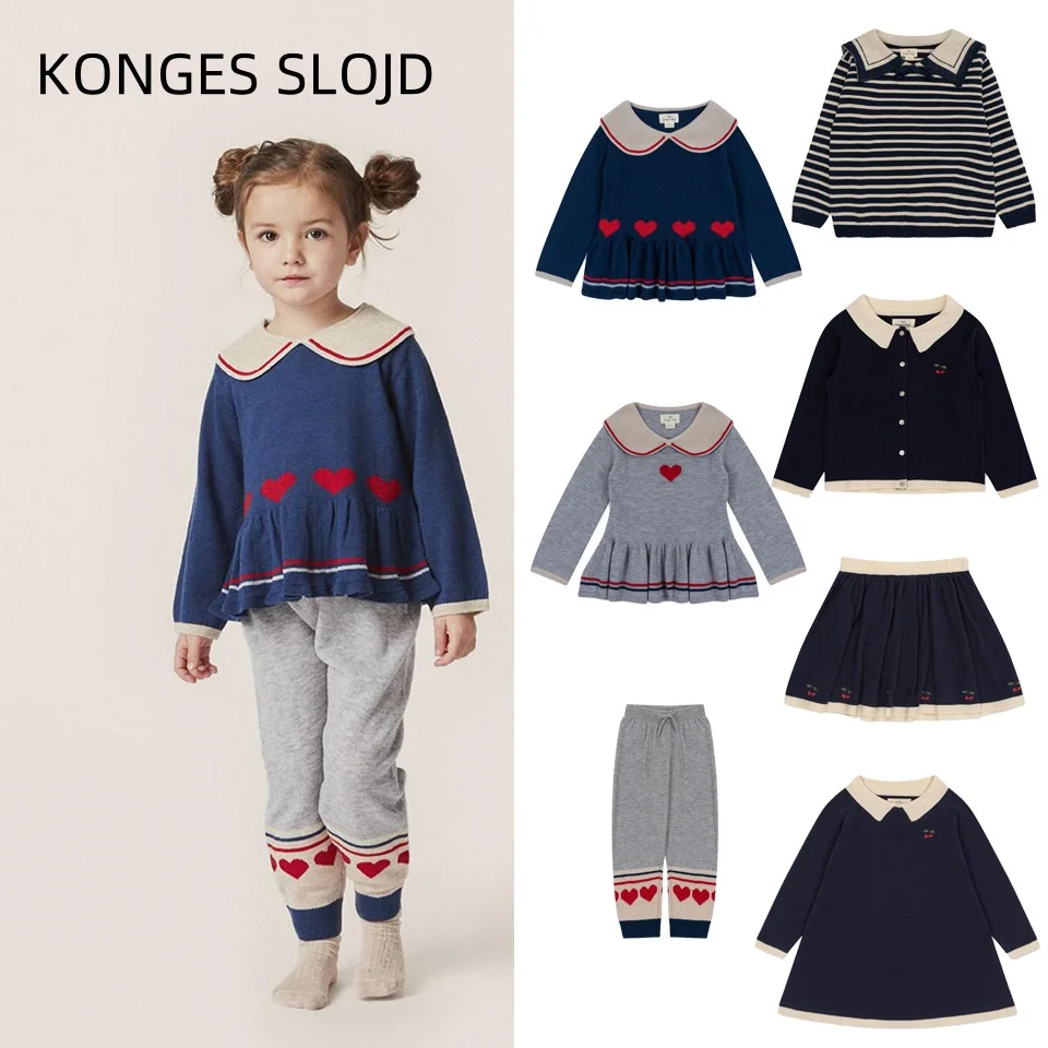 KONGES SLOJD Winter Ks Children's Clothing Baby Girls Knit Sweaters Pullover Tops Pants Suits Kids Stripe Cardigans Skirt Preppy