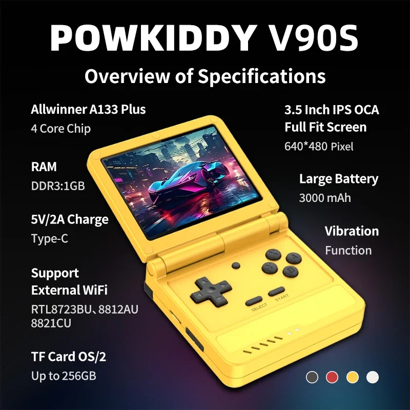Powkiddy v90s retro flip console portátil duplo sistema aberto 3.5 Polegada 4:3 hd tela ips a133plus função de vibração presentes