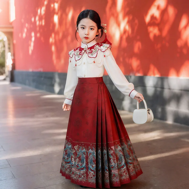 Girls Chinese Style Set Red Horse Face Skirt Children Festive Girl Spring and Autumn Long Sleeve Shirt Skirt Two Piece Set