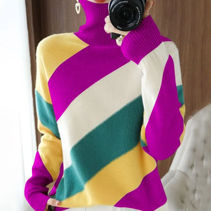 Autumn Winter New Turtleneck Long Sleeve Fashion Sweater Women High Street Contrast Color Pullovers Casual Elegant All-match Top