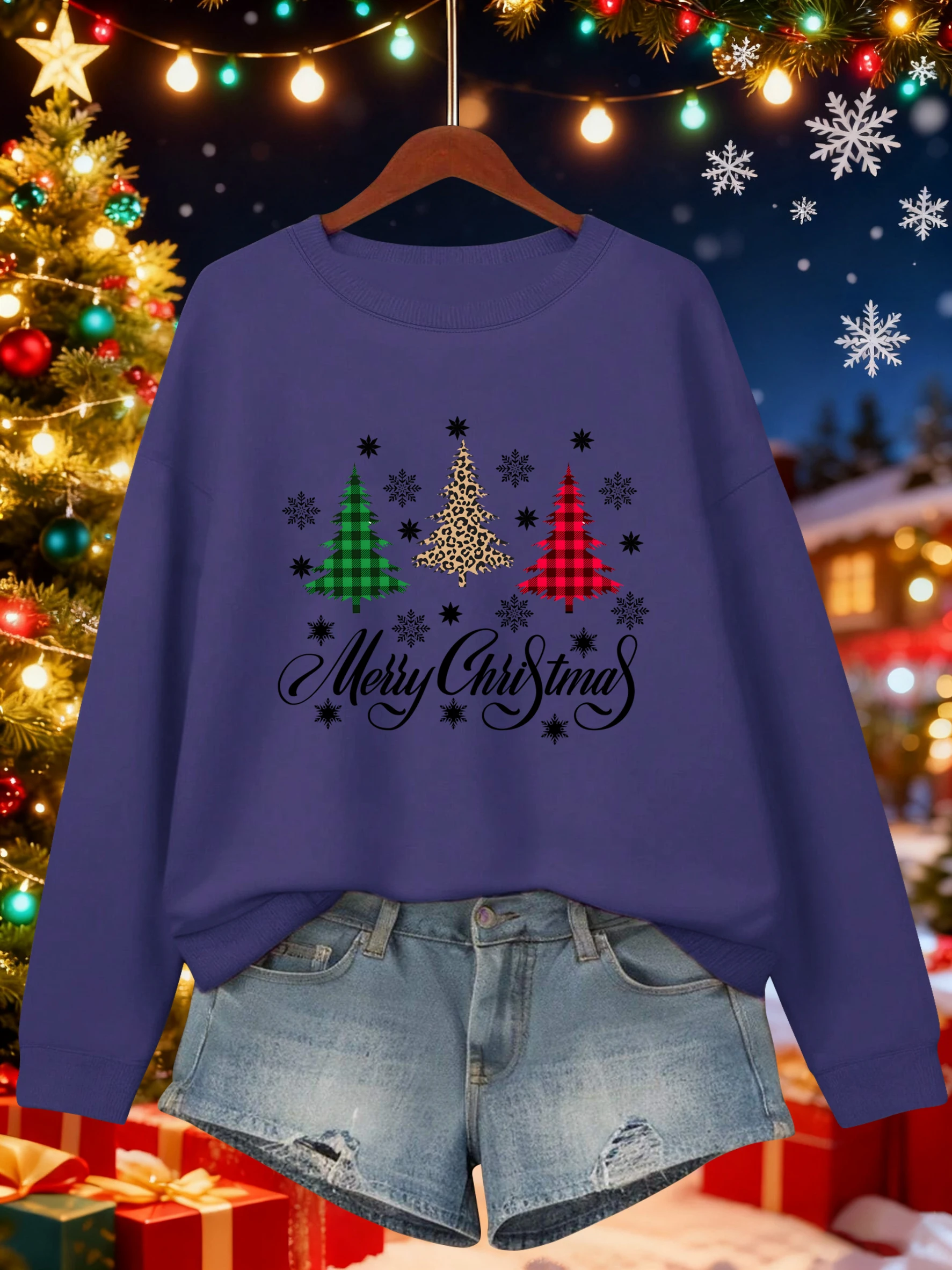 

Merry Christmas Plaid Trees Printing Women Pullovers Loose Fleece Sweatshirt Autumn Clothes Crewneck All-Match Y2K Sportswear