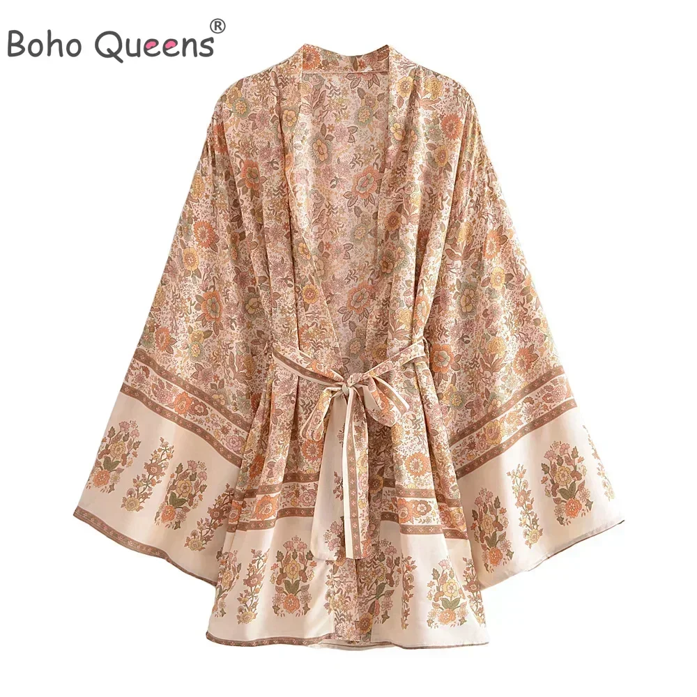 Boho Queens Multi estampado Floral fajas Kimono mujeres manga de murciélago bohemio dama de honor bata vacaciones playa Boho Bikini encubrimientos