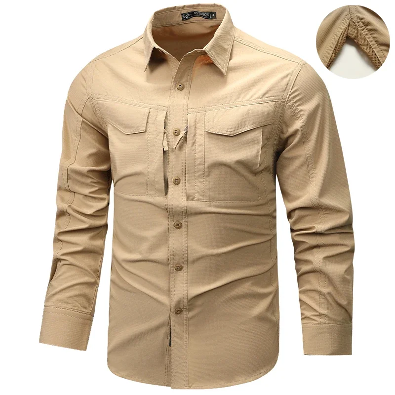 Mens Cargo Shirts Autumn Tactical Multi-pockets Armpit Breathable Techwear Outdoor Casual Workwear Tops Long Sleeve Shirt Men