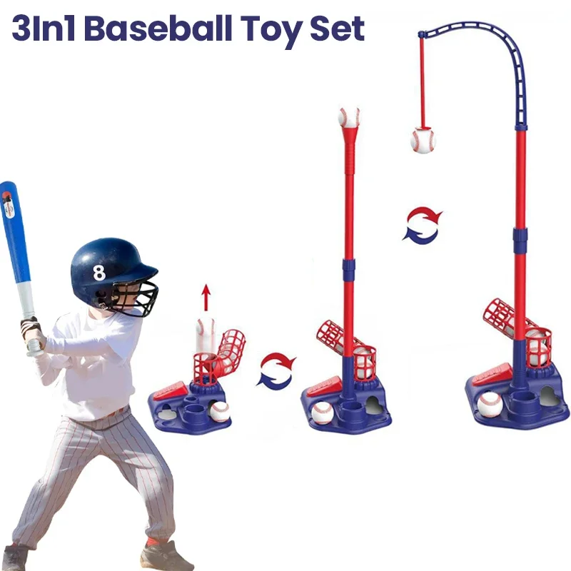 Juego de juguetes de béisbol para niños 3 en 1 con soporte de bola colgante, lanzador automático de bola en T de pie, altura ajustable, juego de deportes al aire libre para niños pequeños