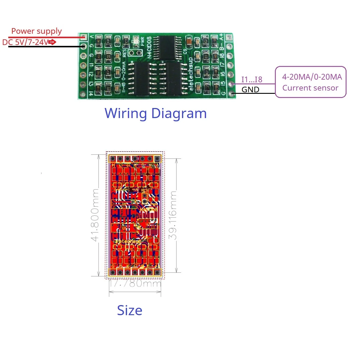 8AI Current Sensor Converter RS485 Analog Collection MODBUS RTU PLC Remote IO Expansion Core board 4-20MA/0-20MA 5V 12V 24V