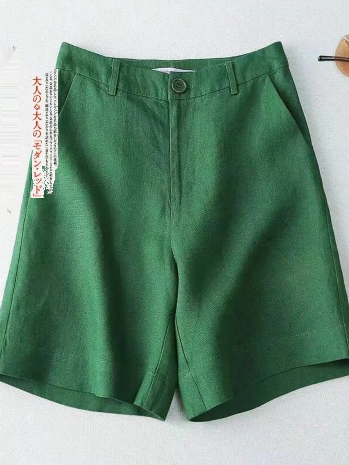 

Весна-лето een Pure Linen orts Женские хлопковые льняные брюки с пятью точками и высокой талией для поездок на работу Sle ket Detail