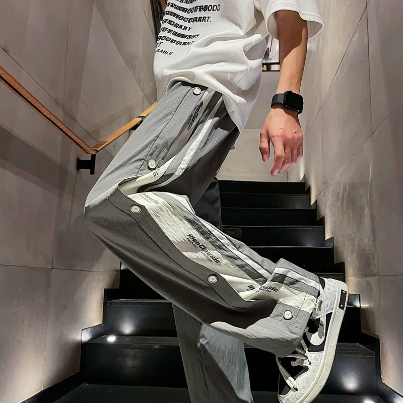 2024 Summer Casual Pants Men'S Side Button Sports Fashion Loose Dried Ice Silk Hip Hop Versatile Washed Jogging Leggings