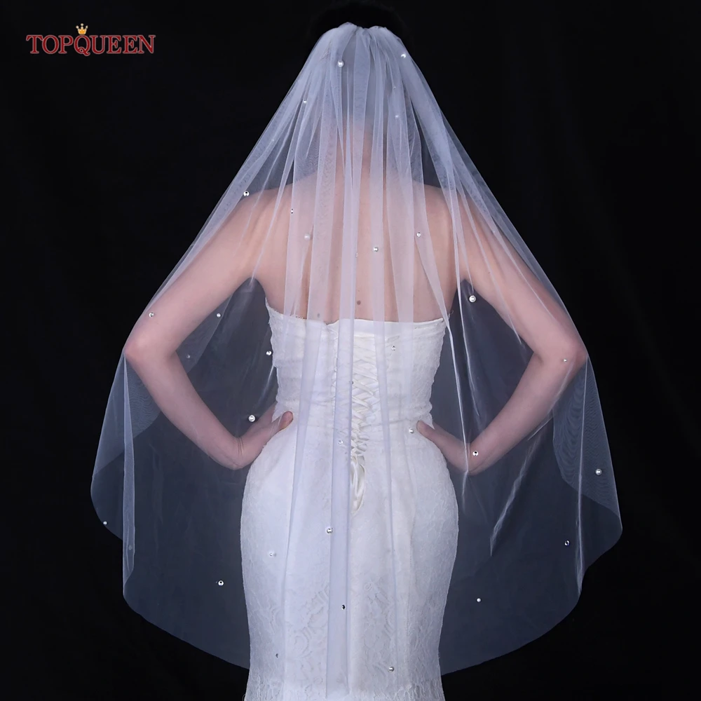 TOPQUEEN V109 Sparkling Pearl Rhinestone Veil Short Fingertip Long Single Layer Bridal Veil Soft Tulle Wedding Accessories