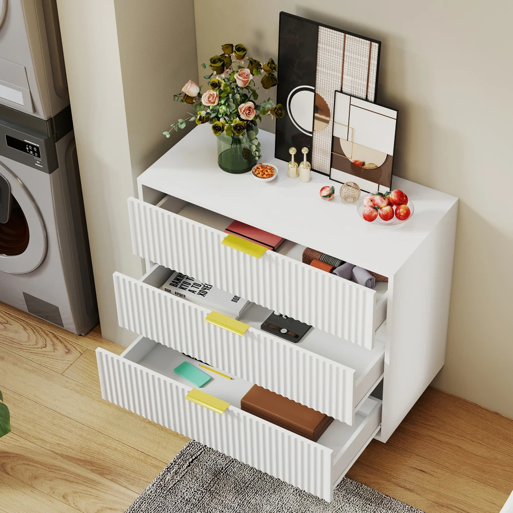 Commode à 3 tiroirs Ye, buffet au design moderne, armoire de rangement, blanc et or - H72/L80/P40 cm