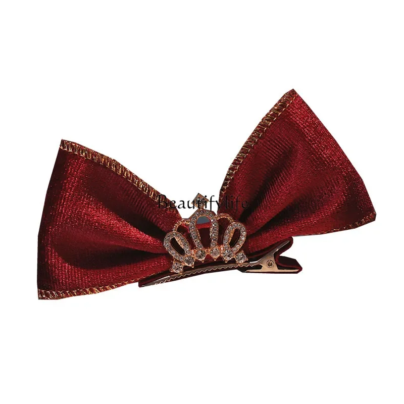 Elegant Crown Headdress High-Grade Golden Edge Velvet Red Three-Dimensional Bow Barrettes