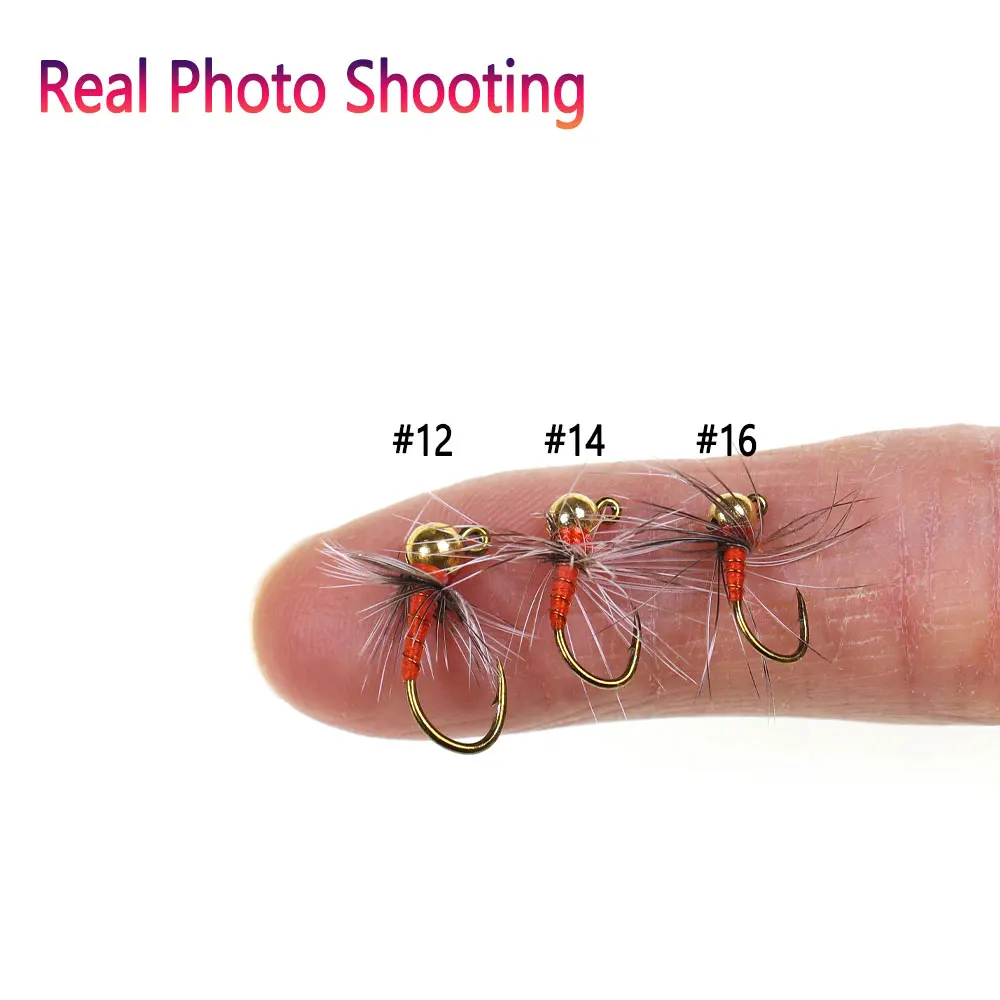 Bimoo 6pcs #12# 14 #16 Tungsten Bead Head Grizzly Hackle Jig Nymph Fly Fast Sinking Barbed Wet Euro Nymph Fly Trout Fishing Lure