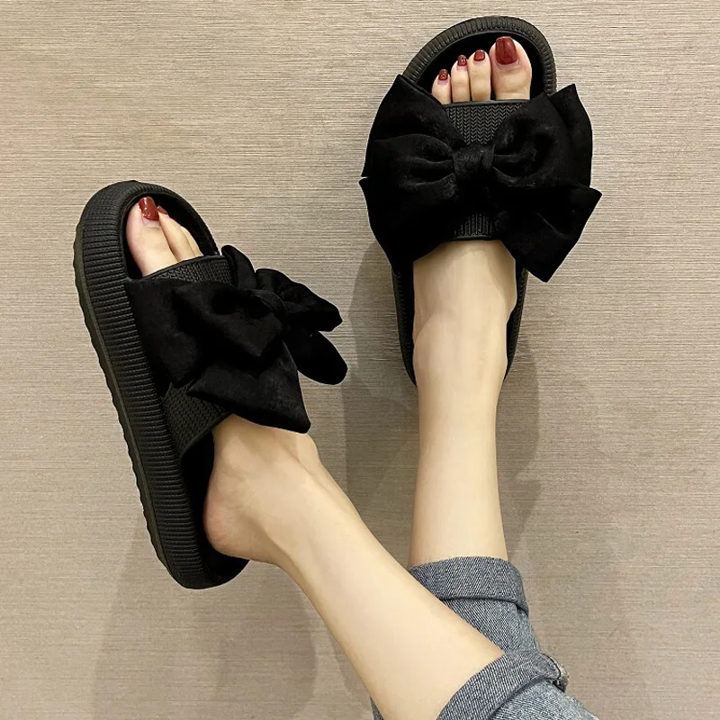 Neue Sommer-Pantoletten mit Rundkopf und Schleife, bequeme, lässige Hausschuhe, modische, elegante, leichte Sandalen mit dicker Sohle für Damen – Detail 8