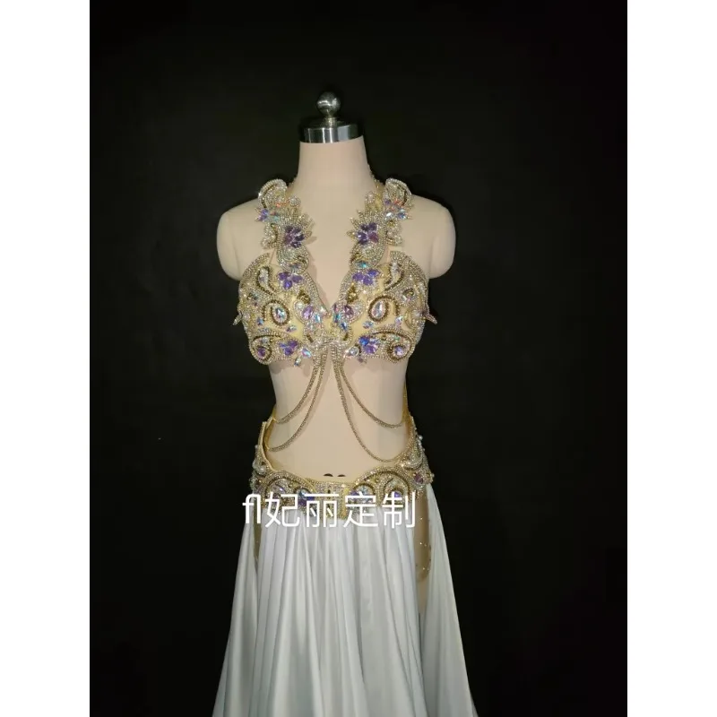 Trajes de danza del vientre personalizados, ropa de actuación de competición, falda larga con cinturón de sujetador dorado y diamantes de alta resistencia para mujer