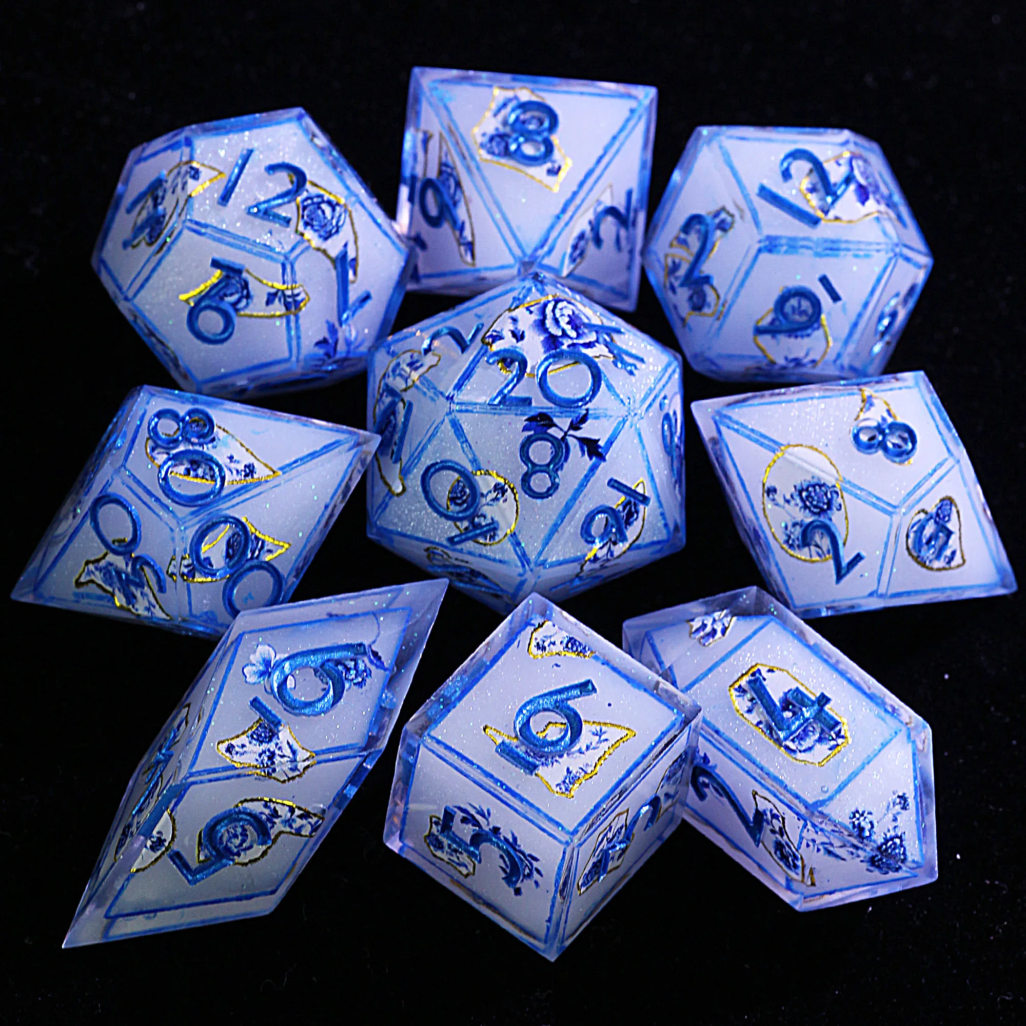 

9 Polyhedral Resin D&D Sets Dice Frost Cage Floral