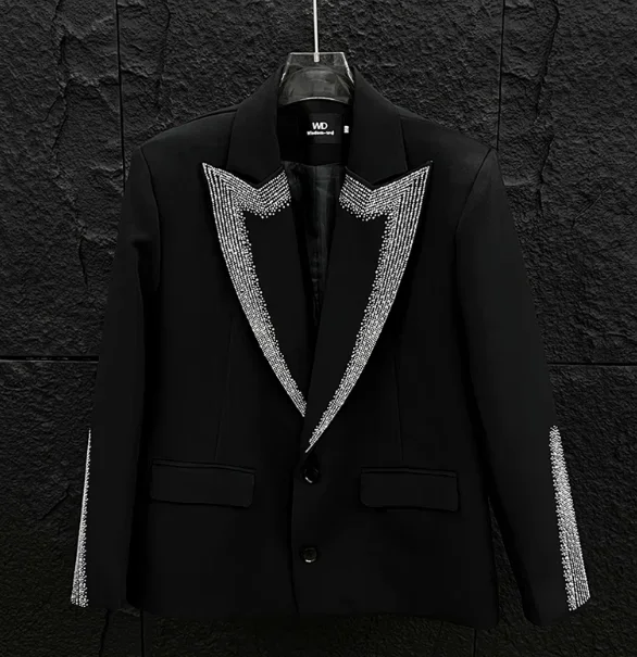 2024 Autumn New Male Blingbling Hot Diamond Black Blazers Men's Trendy Loose Handsome Suit Jackets Male Long Sleeve Suit Jacket