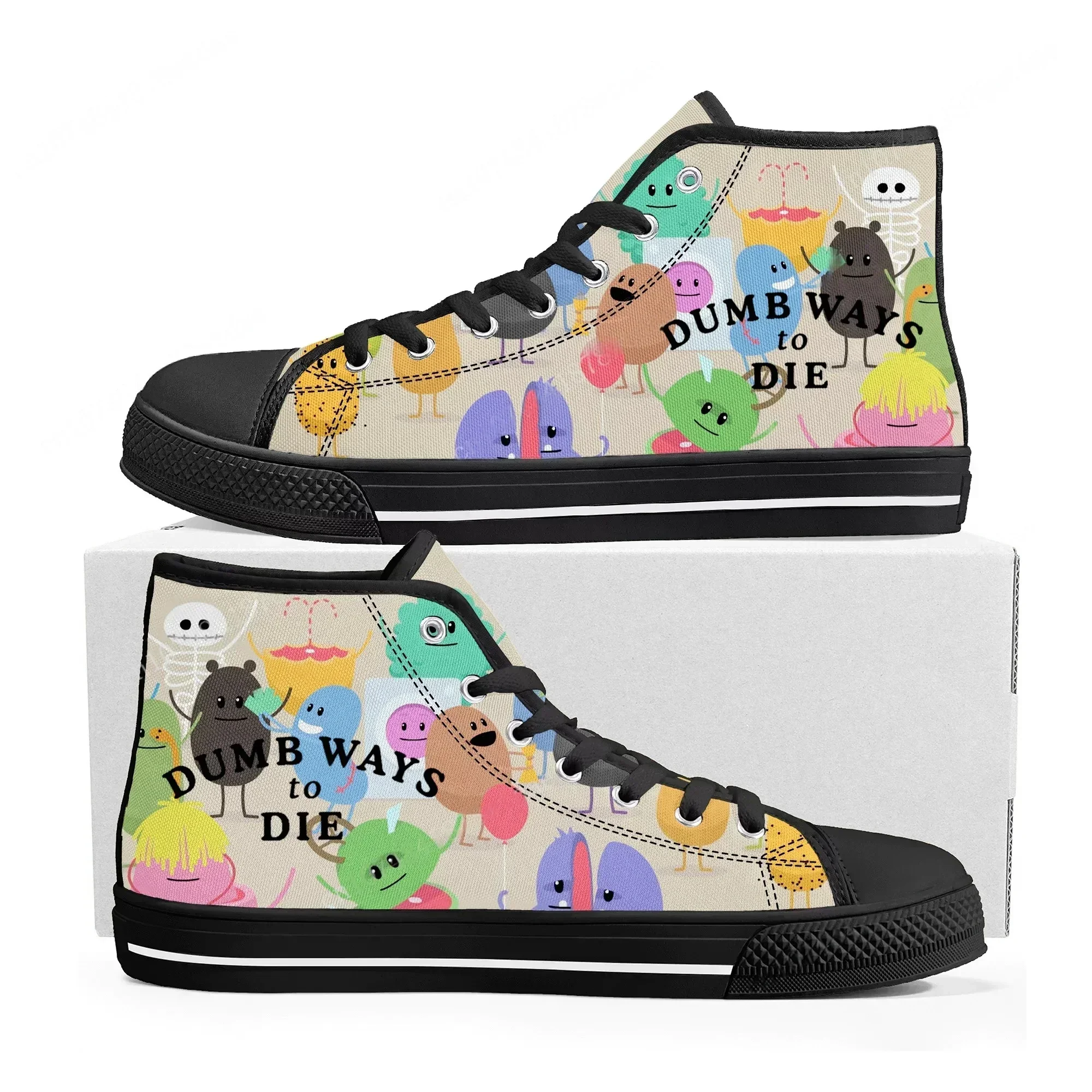 Dumb Ways To Die High Top Sneakers pour hommes et femmes, baskets en toile de haute qualité, chaussures décontractées sur mesure avec dessin animé
