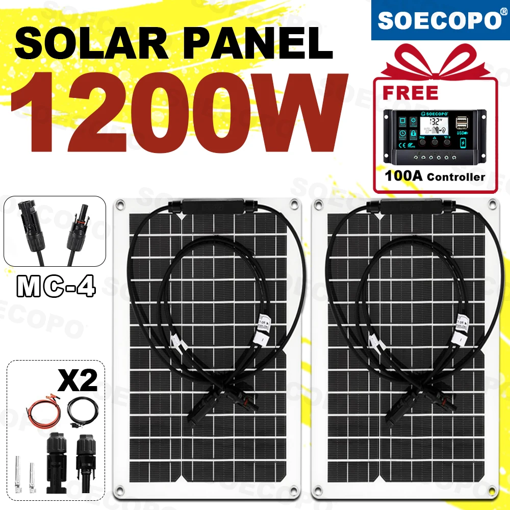 SOECOPO 1200 W tragbares Solarpanel-Set, 2 x Solarmodule (MC-4 12 V – 18 V) für Camping mit kostenlosem 100-A-Controller und USB-5-V-Aufladung