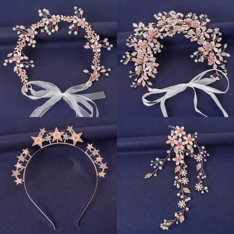 Rose Gold Color Flower Leaf Hairband Tiara For Women Party Pearl Headband Bridal Wedding Hair Accessories Jewelry Comb band Gift