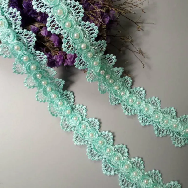 

1 yard Green Pearl Beaded DIY Flower Embroidered Lace Trim Ribbon Floral Applique Patches Wedding Dress Fabric Sewing Craft