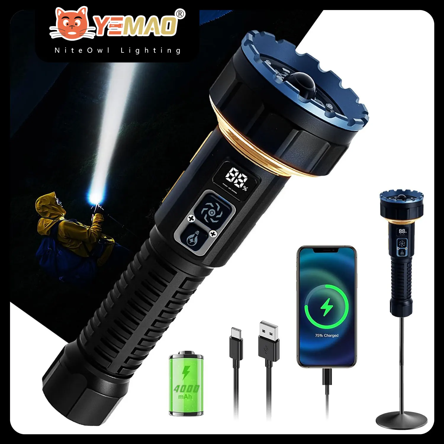 

High-Lumen Zoomable Flashlight, Built-in Power Bank & Camping Lantern, USB-C Rechargeable With Tail Magnet For Outdoor